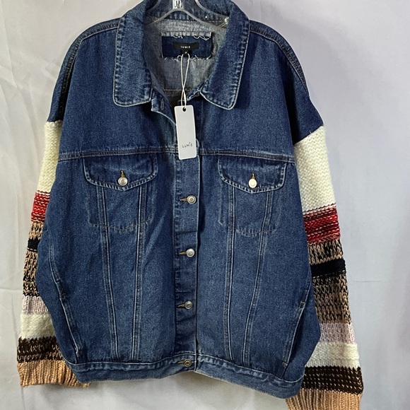 Lumie Jackets & Blazers - Luvie Blue Denim Jacket with Multi-Color Knit Sleeves